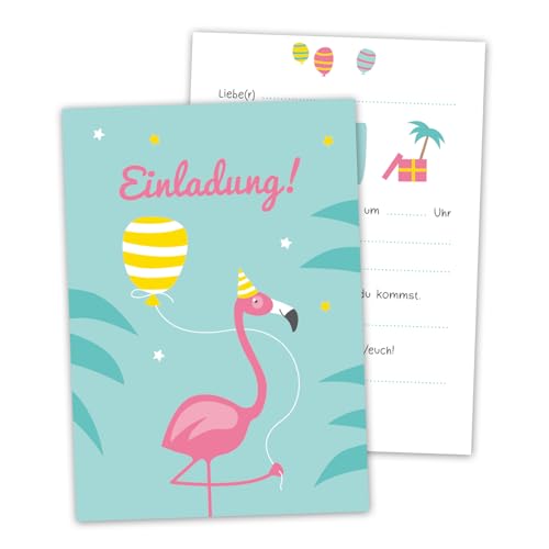Decento® Einladung Geburtstag Flamingo - 10 Karten für Mädchen - niedlicher Kindergeburtstag - Einladungskarten für Kinder zum Ausfüllen und Beschriften von Decento