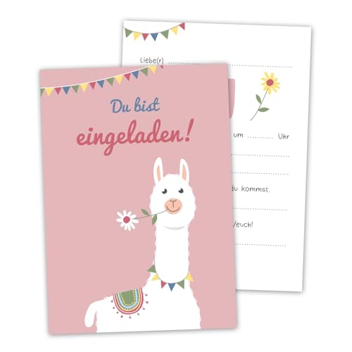 Decento® Einladung Geburtstag Lama - 10 Karten für Mädchen - Alpaka Kindergeburtstag - Einladungskarten für Kinder zum Ausfüllen und Beschriften von Decento