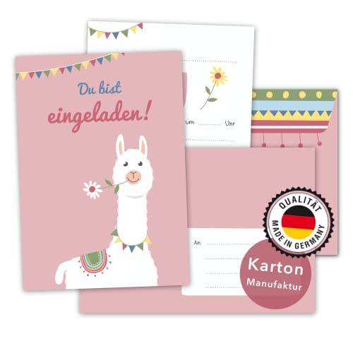 Decento® Einladung Geburtstag Lama - 8 Karten mit Umschlag für Mädchen - Alpaka Kindergeburtstag - Einladungskarten für Kinder zum Ausfüllen und Beschriften von Decento