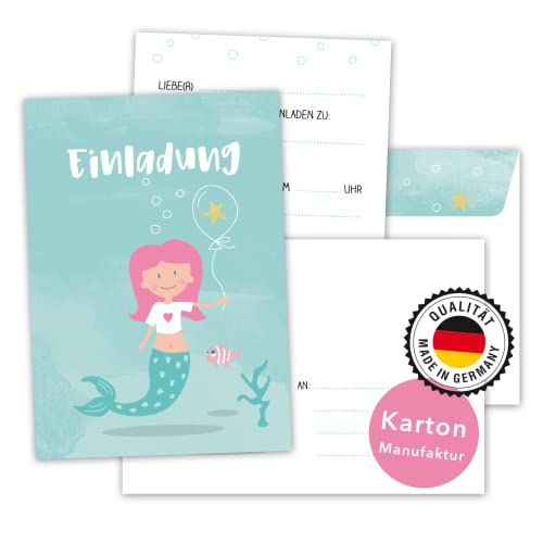 Decento® Einladung Geburtstag Meerjungfrau - 8 Karten mit Umschlag für Mädchen - Kindergeburtstag oder Einschulung Nixe niedlich - Einladungskarten für Kinder zum Ausfüllen und Beschriften von Decento