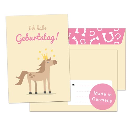 Decento® Einladung Geburtstag Pferd - 8 Karten mit Umschlag für Mädchen - Kindergeburtstag Pony Pferde Prinzessin - Einladungskarten für Kinder zum Ausfüllen und Beschriften von Decento