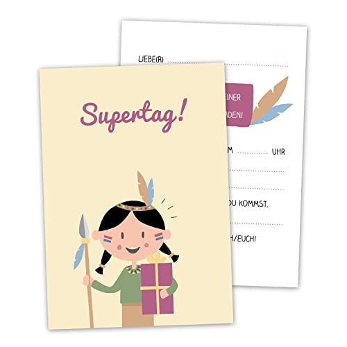 Decento® Einladung Geburtstag Poca - 12 Einladungskarten für Mädchen - Kindergeburtstag niedlich Indianer-Frau mit Federn - Karten für Kinder zum Ausfüllen und Beschriften von Decento