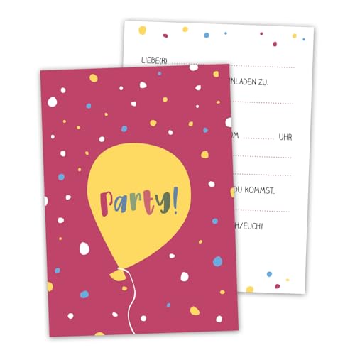 Decento® Einladungskarten Geburtstag Party - 10 Karten für Mädchen Jungen - Einladung für Kindergeburtstag, Feier, Fete - Luftballon Punkte Design - Postkarten für Kinder Erwachsene von Decento