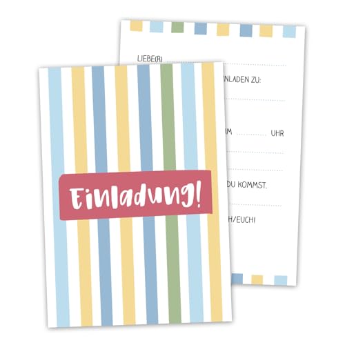 Decento® Einladungskarten für Geburtstag Party - 10 Karten für Mädchen Jungen - Einladung für Kindergeburtstag, Feier, Fete - Streifen-Design - Postkarten für Kinder Erwachsene von Decento