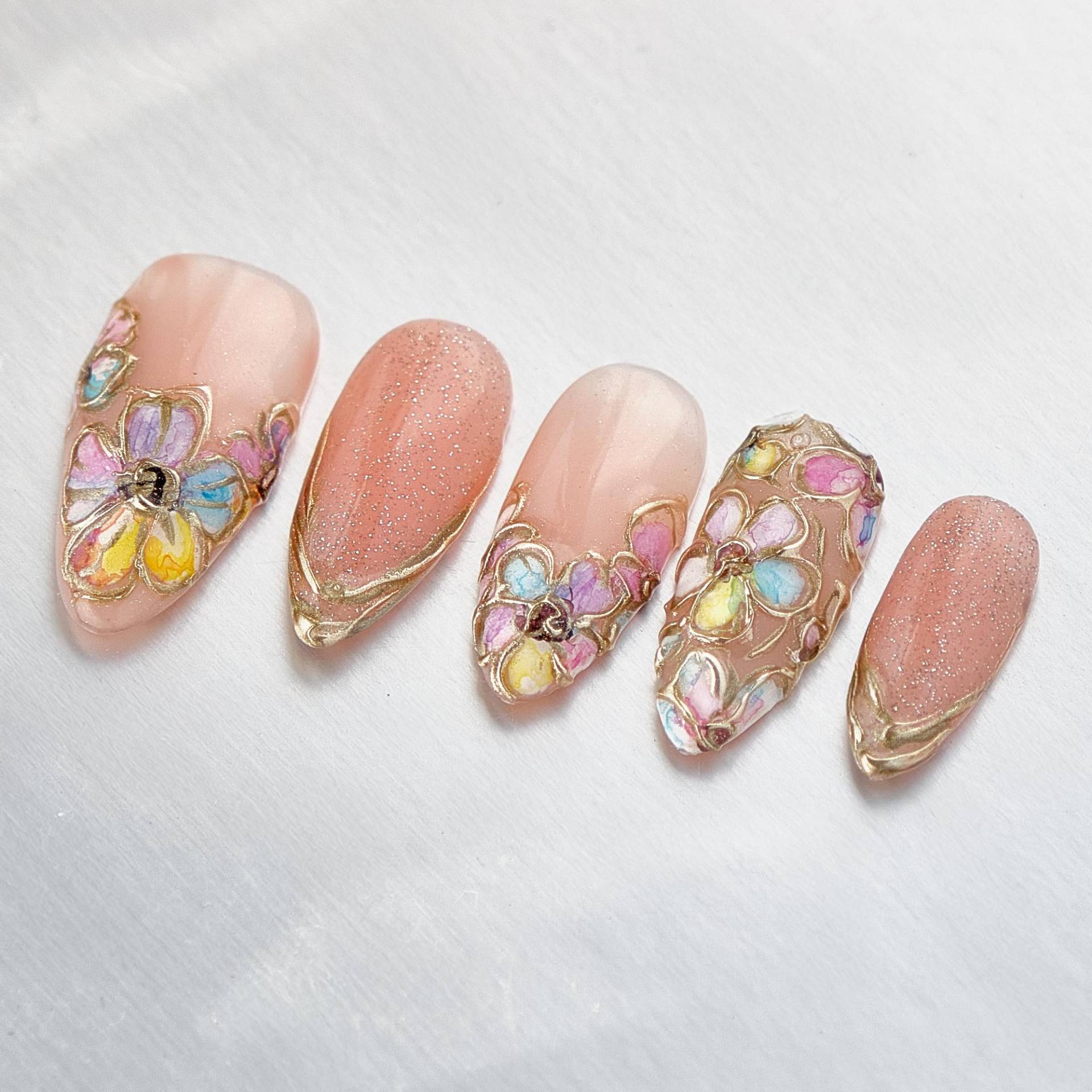 Handbemalte Blumen Acrylnägel, Champagner Katzen Auge Nägel, Gift Nägel, Handgemachte Press On Nails, Faux Acryl Nägel Handbemalte Blumen Acrylnägel, Champagner Katzen Auge Nägel, Gift Nägel, Handgemachte Press On Nails, Faux Acryl Nägel von Dechanail
