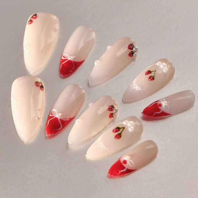Handbemalte Nagelpresse |Partypresse Auf Nägel |Erdbeerpresse |Süße |Süße Bogennägel |Mandel Nägel| Y2K |Geschenknagel von Dechanail