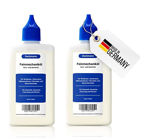 2x 100 ml Flasche Feinmechaniköl Nähmaschinenöl Universalöl - Niedrige Viskosität - Harzt nicht & geruchsneutral - Ideal für feinmechanische Komponenten, Scharniere, Türen, Fenster, Elektro-Rasierer 2x 100 ml Flasche Feinmechaniköl Nähmaschinenöl Universalöl - Niedrige Viskosität - Harzt nicht & geruchsneutral - Ideal für feinmechanische Komponenten, Scharniere, Türen, Fenster, Elektro-Rasierer von Deckmann