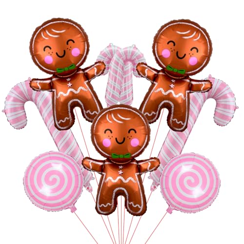9 Stück Weihnachtsballons Dekorationen, Lebkuchenmann-Ballons, rosa Zuckerstangen-Folienballon für Weihnachtsfeier, Dekoration, Neujahr, Geburtstag, Partyzubehör von Decmied