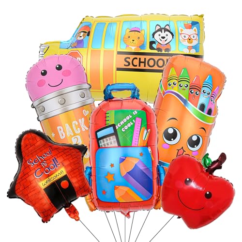 Luftballons für Schulanfang, Schulbus-Ballon, bunte Schultaschen-Bleistift-Folienballons für Klassenzimmer, Dekoration, erster Tag des Kindergartens, 6 Stück (02) von Decmied