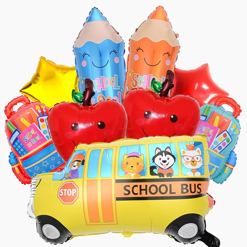 Luftballons für Schulanfang, Schulbus-Ballon, bunte Schultaschen-Bleistift-Folienballons für Klassenzimmer, Dekoration, erster Tag des Kindergartens, 9 Stück (01) von Decmied