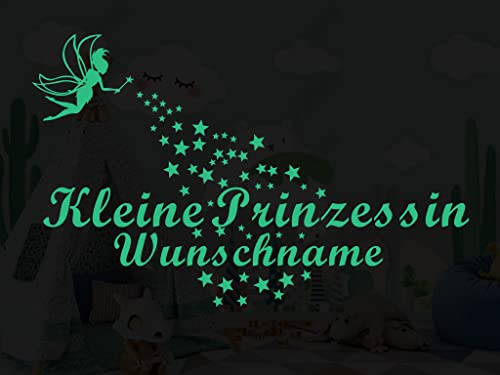 Leuchtaufkleber, Wandtattoo Schriftzug "Kleine Prinzessin" mit Sternen, Fee und Wunschnamen, Leuchtsticker, Kinderzimmer, fluoreszierend, selbstleuchtend (45 * 10cm mit Sternen, Fee u. Namen) von Deco-idea
