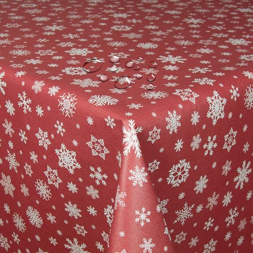 Wachstuch Wachstischdecke Tischdecke Weihnachtstischdecke Größe wählbar Weihnachten Schneeflocken Rot Eckig 140 x 260 cm abwaschbar von DecoHomeTextil Heimtextilmanufaktur