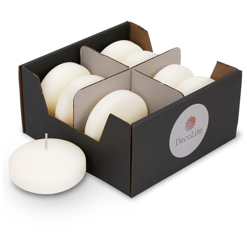 DecoLite: Maxi XL Schwimmkerzen 8 Stück im Karton, Ø 8 cm │8 Stunden lange Brenndauer, ohne Duft, Paraffinwachs, große Floating Candles, Kerzen schwimmend, Ideal für verschiedene Anlässe (Wollweiß) von DecoLite
