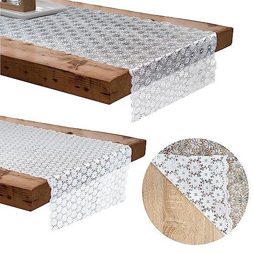 DecoMeister Tischläufer Tischdecke Tischabdeckung Wachstuch Tischbelag Tischtuch abwaschbar Tischfolie Tischplattenschutz Vinyl Spitze Esszimmer Küche Wohnzimmer 50 x 180 cm Weiß Silber Blumenspitze von DecoMeister