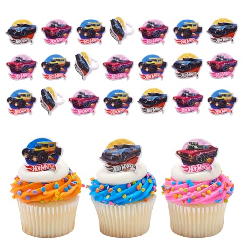 Hot Wheels™-Ringe | 24 epische Stunt-Cupcake-Topper | DecoPac Hot Wheels Cars-Kuchendekorationen, mehrfarbig, lebensmittelecht und gebrauchsfertig, 24 Stück von DecoPac