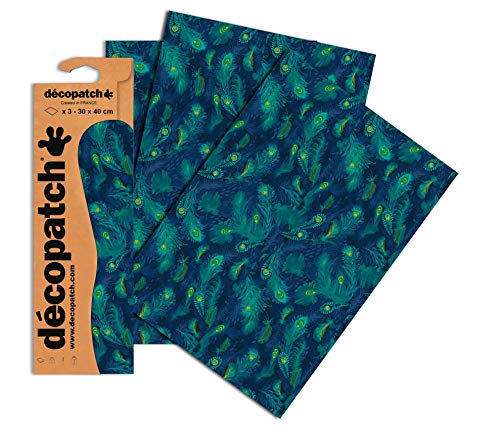 Decopatch Papier No. 722 (blau Grün Pfauenfeder, 395 x 298 mm) 3er Pack von Décopatch