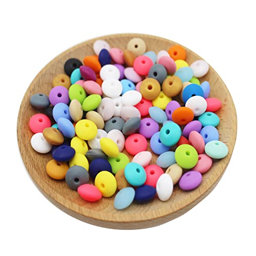 Decoendiy 100 Stück Silikon-Abakus-Perlen, 12 mm, geformte Linsenperlen, bunte Untertasse, lose Abstandshalter, für Erwachsene, Halsketten, Armbänder, Schmuckherstellung, Zubehör von Decoendiy