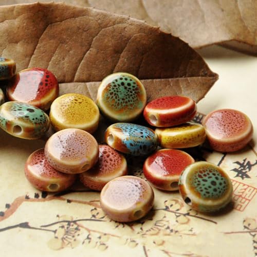 Decoendiy 100 Stück antike europäische Porzellan-Perlen, handgefertigt, flach, rund, Keramik-Abstandshalter für DIY-Schmuckherstellung, Armbänder und Halsketten von Decoendiy