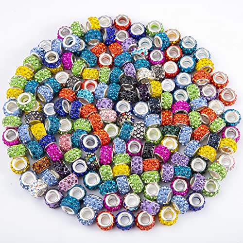 Decoendiy 100 Stück europäische Abstandshalter mit großem Loch aus Strass, geformt, Kristall, glänzend, flach, rund, für DIY-Armbänder, Halsketten, Bastelbedarf (gemischt) von Decoendiy