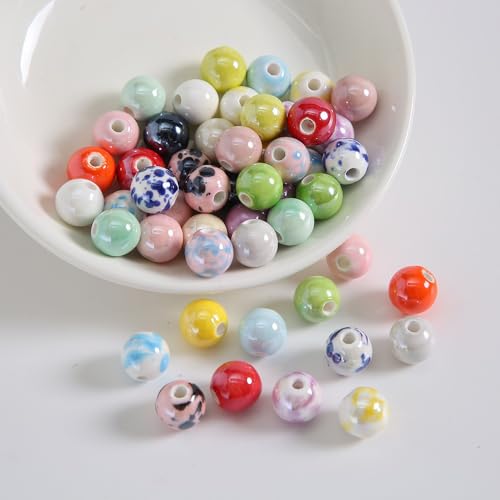 Decoendiy 100 Stück runde Abstandshalter, 10 mm, Keramik, gemischte geprägte Perlen, mehrere Farben für DIY-Schmuckherstellung, Schlüsselanhänger, Perlenstifte und Bastelbedarf von Decoendiy