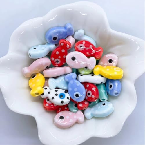 Decoendiy 50 Stück Porzellan-Keramik-Fischperlen – Ozean, Meer, Strand, Tierform, bedruckt, lose Abstandshalter-Perlen für DIY-Halsketten und Armbänder, Bastelbedarf (Mix) von Decoendiy