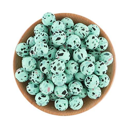 Decoendiy 50 Stück Silikon-bedruckte Perlen, 15 mm, Leoparden-Kuh-Tierdruck, Blumenblätter, karierte Perlen, lose runde Silikon-Abstandshalter, für Erwachsene DIY Bastelbedarf (#5) von Decoendiy