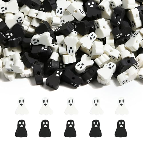 Decoendiy Halloween-Perlen aus Ton, schwarze und weiße Geisterperlen, Polymer-Ton-Perlen, Geister-Schädel-Form, flache Perlen, lose niedliche Geister-Abstandshalter, für DIY-Halsketten, Armbänder von Decoendiy