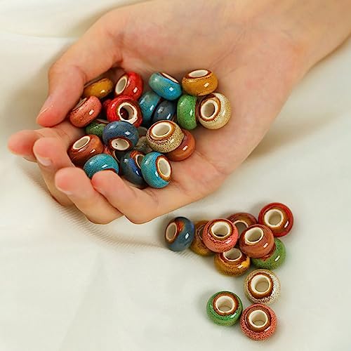 Decoendiy Europäische Keramikperlen mit großem Loch, flach, rund, handgefertigt, poliertes Porzellan für DIY-Halsketten, Armbänder, Bastelbedarf, 60 Stück von Decoendiy