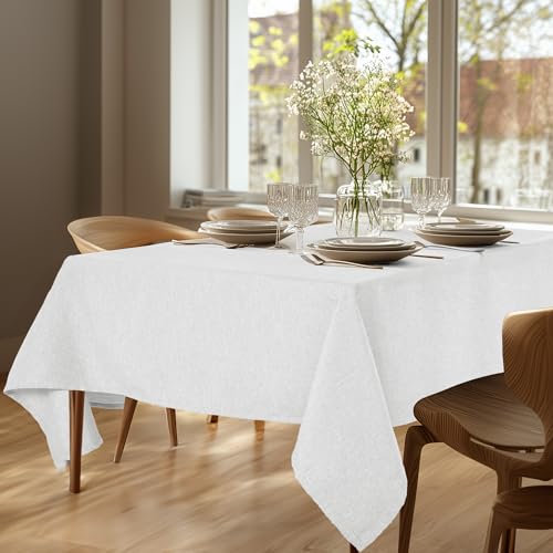 Deconovo Abwaschbare Tischdecke Gartentischdecke Lotuseffekt Leinenoptik Wasserabweisende Tischdecken Rechteckig Table Cloth stilvolle Tischwäsche für Esszimmer Küche, 140x240 cm, Weiß, 1 Stück von Deconovo