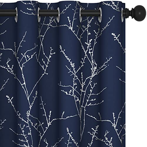 Deconovo Blickdichte Gardinen Vorhänge mit Ösen Lärmschutzvorhang für Kinderzimmer Vorhänge Kälteschutz Vorhang Kinderzimmer Mädchen Baumzweig-Muster, 138x117 cm(HöhexBreite), Dunkelblau, 2er Set von Deconovo