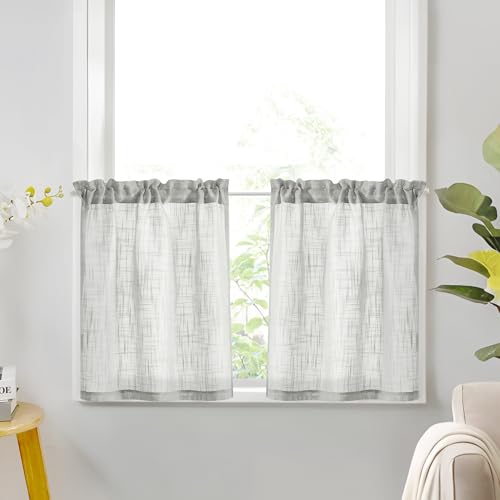 Deconovo Scheibengardine Küche Leinenoptik Bistrogardine Transparent Gardinen Wohnzimmer Voile Vorhang Dekoschal Küche Vorhänge Kurzgardinen mit Stangedurchzug, 90x60cm(HöhexBreite), Hellgrau, 2er Set von Deconovo