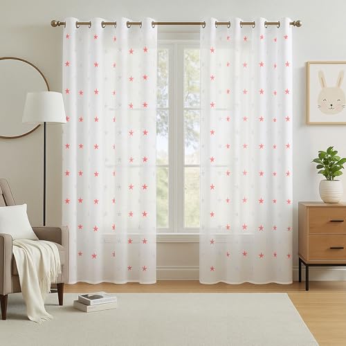 Deconovo Stores Gardinen Vorhang Transparent Ösen Vorhänge Kinderzimmer Dekosachals Leinenoptik Stern, 240x140 cm(HöhexBreite), Orange, 2er Set von Deconovo