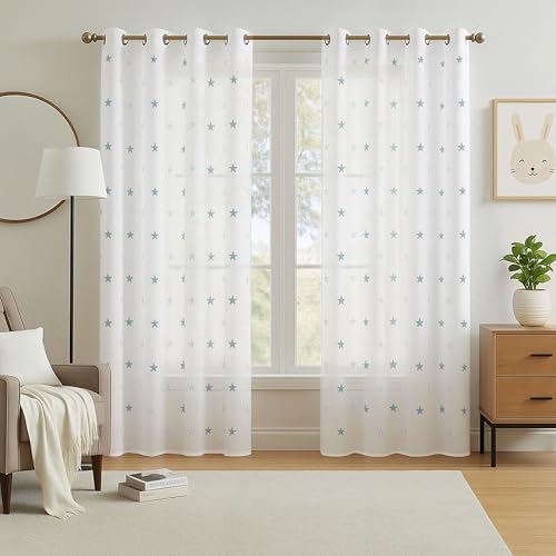 Deconovo Stores Gardinen Vorhang Transparent Ösen Vorhänge Kinderzimmer Dekosachals Leinenoptik Stern, 260x140 cm(HöhexBreite), Blaugrün, 2er Set von Deconovo