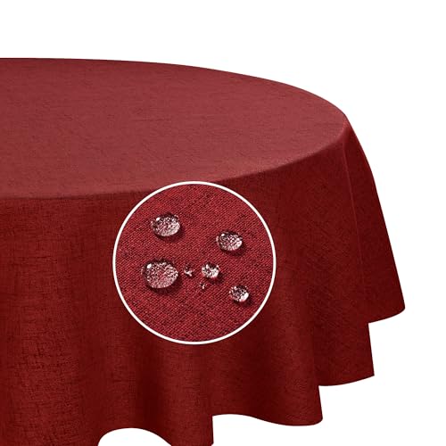 Deconovo Tischdecke Abwaschbar Tischdecken Lotuseffekt Tischwäsche Leinenoptik Tischtuch für Esszimmer Küche Wohnzimmer Garten pflegeleicht Wasserabweisende Tafeldecke, Rund 140 cm, Rot, 1 Stück von Deconovo