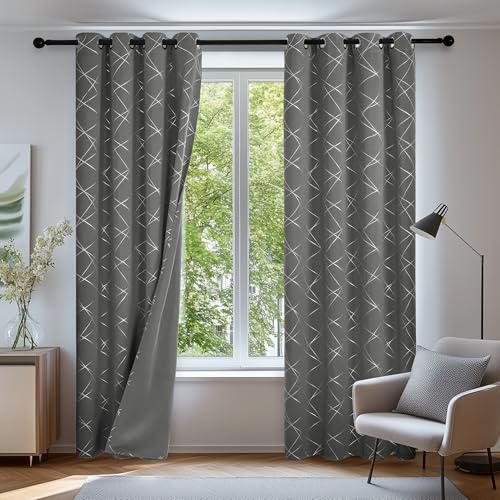 Deconovo Vorhänge Blickdichte mit Ösen Gardinen Kinderzimmer Deko Verdunkelungsvorhang, 229x140cm(HöhexBreite), Würfel Silber Grau, 2er Set von Deconovo