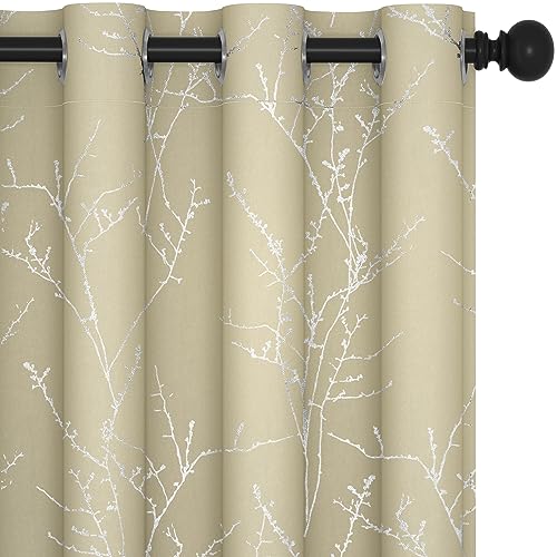 Deconovo Vorhänge mit Ösen Vorhang Blickdicht Thermo Gardinen Ösenvorhang für Wohnzimmer Kinderzimmer Gardinen mit Baumzweig-Muster, 183x117 cm(HöhexBreite), Beige, 2er Set von Deconovo