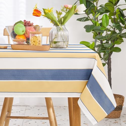 Deconovo Wasserabweisende Tischdecke Lotuseffekt Tischwäsche pflegeleicht Tischtuch dekorative Tischschutz Langlebige Tischdecken für Esstisch Küche Büro, 140x180 cm, Blau + Gelb, 1 Stück von Deconovo
