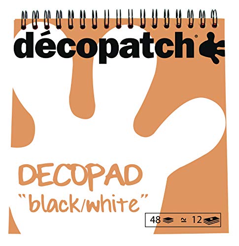 Décopatch BLOC070 Spiralblock mit 48 Blättern, bedrucktes Papier, 15 x 15 cm, verschiedene Motive (12 Designs x 4 Blatt), Schwarz und Weiß von Decopatch