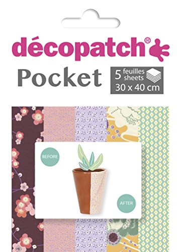 Décopatch DP025C - Packung Déco Pocket mit 5 Blatt 30x40 cm in 5 verschiedenen Designs, praktisch und einfach zum Verwenden, ideal für Ihre Pappmachés und Bastelprojekte, 1 Pack von Decopatch