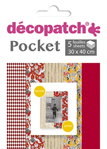 Décopatch DP027C - Packung Déco Pocket mit 5 Blatt 30x40 cm in 5 verschiedenen Designs, praktisch und einfach zum Verwenden, ideal für Ihre Pappmachés und Bastelprojekte, 1 Pack von Decopatch