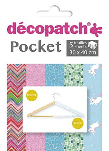 Décopatch DP030C - Packung Déco Pocket mit 5 Blatt 30x40 cm in 5 verschiedenen Designs, praktisch und einfach zum Verwenden, ideal für Ihre Pappmachés und Bastelprojekte, 1 Pack von Decopatch