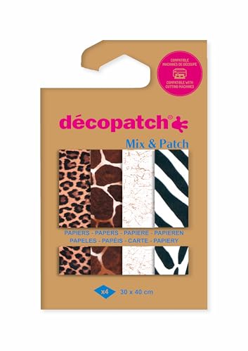 Décopatch DP044C - Packung Mix Patch, mit 4 Blatt Décopatch-Papier 30x40 cm, Tierfelle, gemischte Sortierung, geeignet ab 5 Jahren, 1 Pack von décopatch