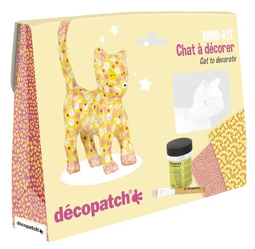 Décopatch KIT012O - Kreativset, Katze zum Verzieren mit Katze aus weißem Pappmaché + 2 Blatt Décopatch-Papier (30x40cm) + 1 Pinsel (9x1cm) + 1 Behälter Klebstofflack (4x4x5,5cm), Gelb, 1 Set von Decopatch