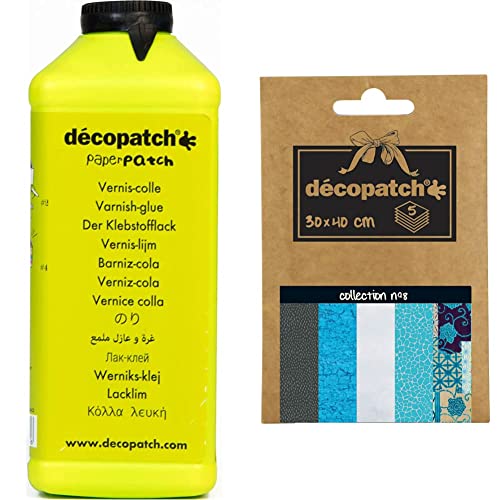 Décopatch Set mit Klebstofflack Paperpatch (satiniert, 600g) & eine Packung Décopocket mit 5 Papierbogen (gefaltet, 13 x 9,5 cm) von Decopatch