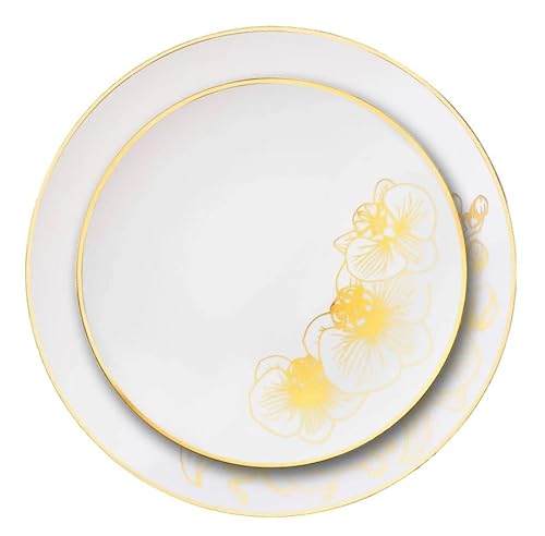 Decor Decorline Premium Mehrweg Partygeschirr set 32 Teile Orchid-Kollektion, Wiederverwendbares Teller Set 2 Größen - 16x26cm +16x 19 cm - Weiss/Gold von Decor Decorline
