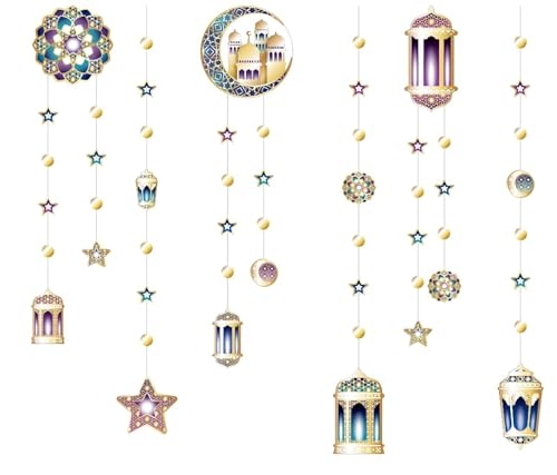 6 Stück Shinning Lantern Crescent Moon Star Garland Kit for Ramadan Party Decoration Hanging Moon Stars Banner Decorations Islamic Birthday Bday Wedding Ramadan EID Party Supplies von Decor365