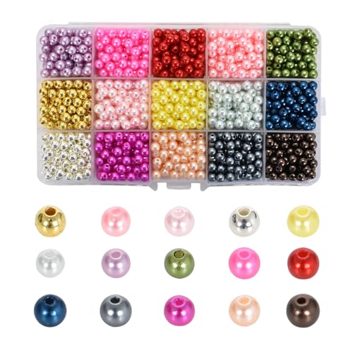 1500 Stück Multicolor Perlen mit Loch, 15 Farben 6 mm ABS Kunstperlen, Runde Bunte Undurchsichtig Perlen, Lose Perlen für Handwerk mit Aufbewahrungsbox, für Schmuckherstellung, Halsketten, Armbänder von DecorDwell
