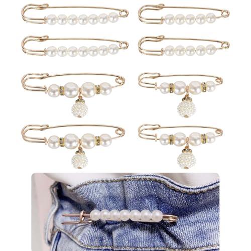 8 Stück Sicherheitsnadeln mit Faux Perlen, Broschen für Kleidung, Elegante Perlenbrosche, Taillenspanner Perlenbroschen Set, Dekorative Nadeln Brosche, für Kleidung Hosen Kleid Rock Pullover von DecorDwell