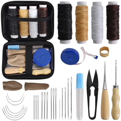 Leder Nähen Set Lederhandwerk Werkzeug Set,Leder Faden Wachsfaden mit Ledernadel,Nähahle, Fadenschere,Fingerhut, Maßband und Aufbewahrungstasche für Lederpolster Reparatur Leder Nähen Set Lederhandwerk Werkzeug Set,Leder Faden Wachsfaden mit Ledernadel,Nähahle, Fadenschere,Fingerhut, Maßband und Aufbewahrungstasche für Lederpolster Reparatur von DecorDwell