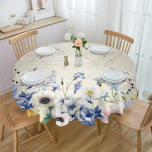 DecorLovee Runde Tischdecke mit blauem Frühlingsblumen, 137,2 cm – Sommer, botanisch, wasserdichter Stoff, Tischschutz, Blumen, Vintage-Tischdecken, waschbare Tischdecke für Küche, Bankett, Couchtisch von DecorLovee